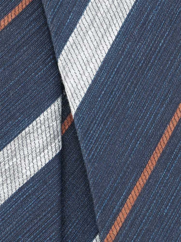 ネクタイ／Fabric by ITALY／リネンシルク／ストライプ×織柄2 ネイビー ナチュラル