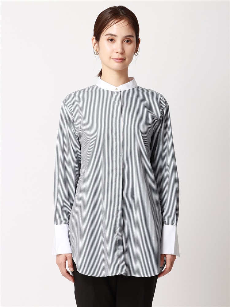 バンドカラーチュニックシャツ／クレリック／長袖／NON IRON／ウォッシャブル／ストライプ2 トップス オフィスカジュアル