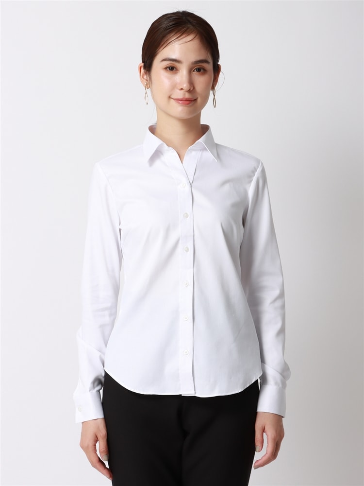 スキッパーカラーシャツ／長袖／Easy Care Stretch Blouse／抗菌防臭／織柄0 イージーケア ストレッチ