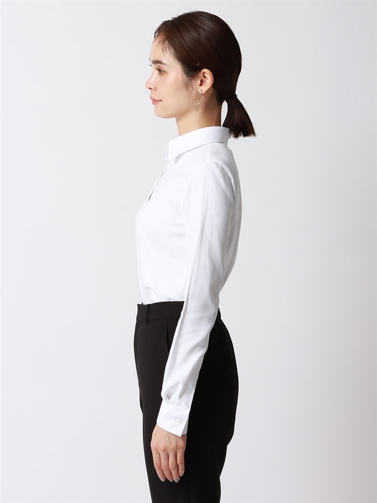 スキッパーカラーシャツ／長袖／Easy Care Stretch Blouse／抗菌防臭／織柄1 ストレッチ 長袖