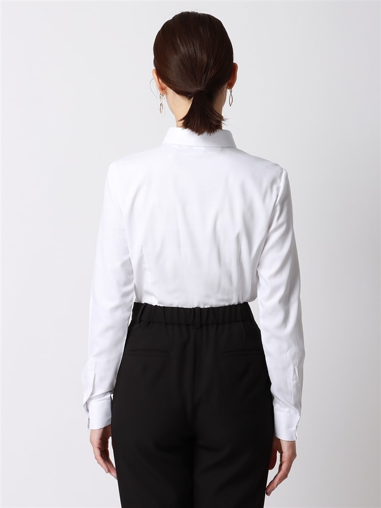 スキッパーカラーシャツ／長袖／Easy Care Stretch Blouse／抗菌防臭／織柄2 ストレッチ コットン