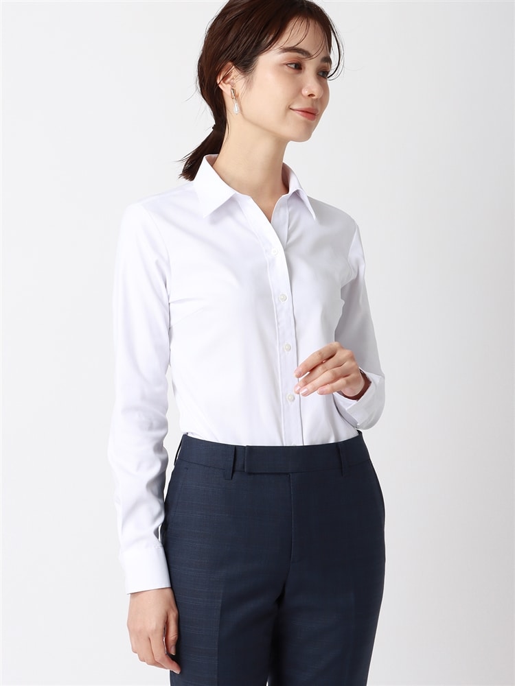 WEB限定／スキッパーカラーシャツ／長袖／Easy Care Stretch Blouse／織柄0 イージーケア ストレッチ