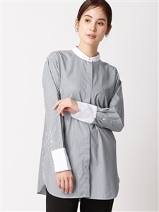 バンドカラーチュニックシャツ／クレリック／長袖／NON IRON／ウォッシャブル／ストライプ